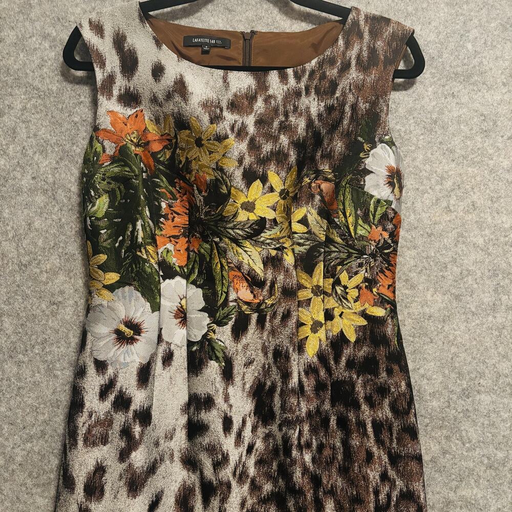 Lafayette 148 New York Dress Womens Size 0 Brown Leopard Floral Animal Sheath - Picture 2 of 15
